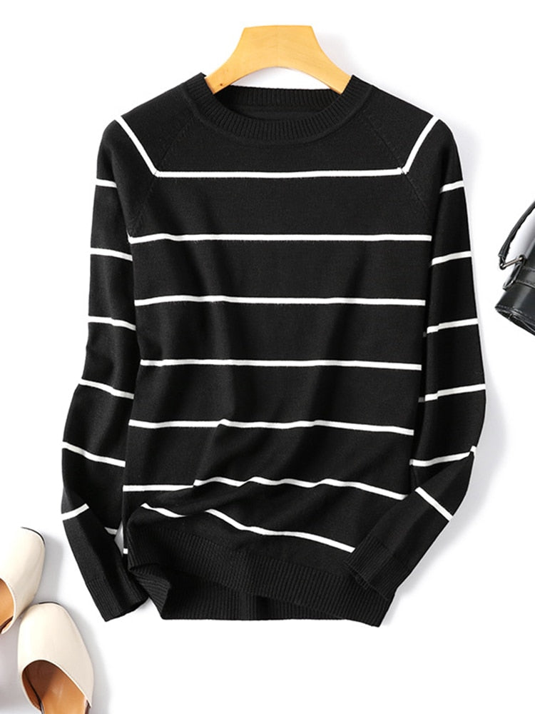 Pulôver Feminino GKFNMT Listrado/Liso de Manga Comprida 2023 // Camisa de Malha Outono/Inverno // Blusas com Decote em O