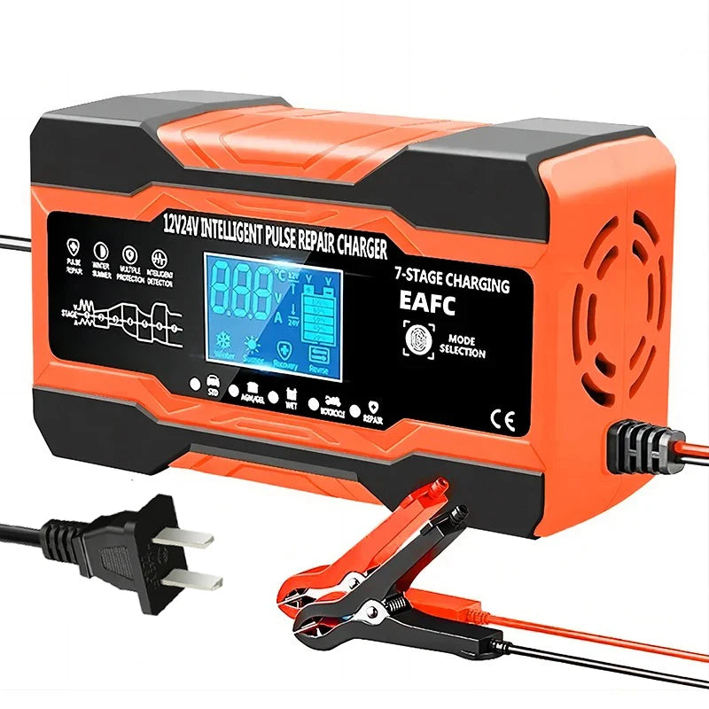 Carregador de Bateria de Carro 12V 12A // Carregamento de 7 Estágios // Reparo de Pulso para Baterias de Carro // Para AGM GEL // Chumbo-ácido úmido // Display LCD