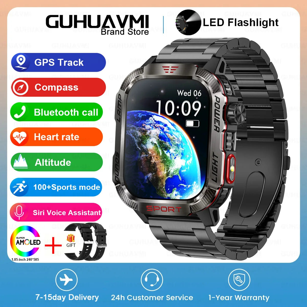 Novo relógio Inteligente Militar Robusto de Fitness 2025 Masculino // Com GPS / Lanterna / Bússola // Bateria de 600 mAh p/ Xiaomi // Relógio Inteligente Esportivo