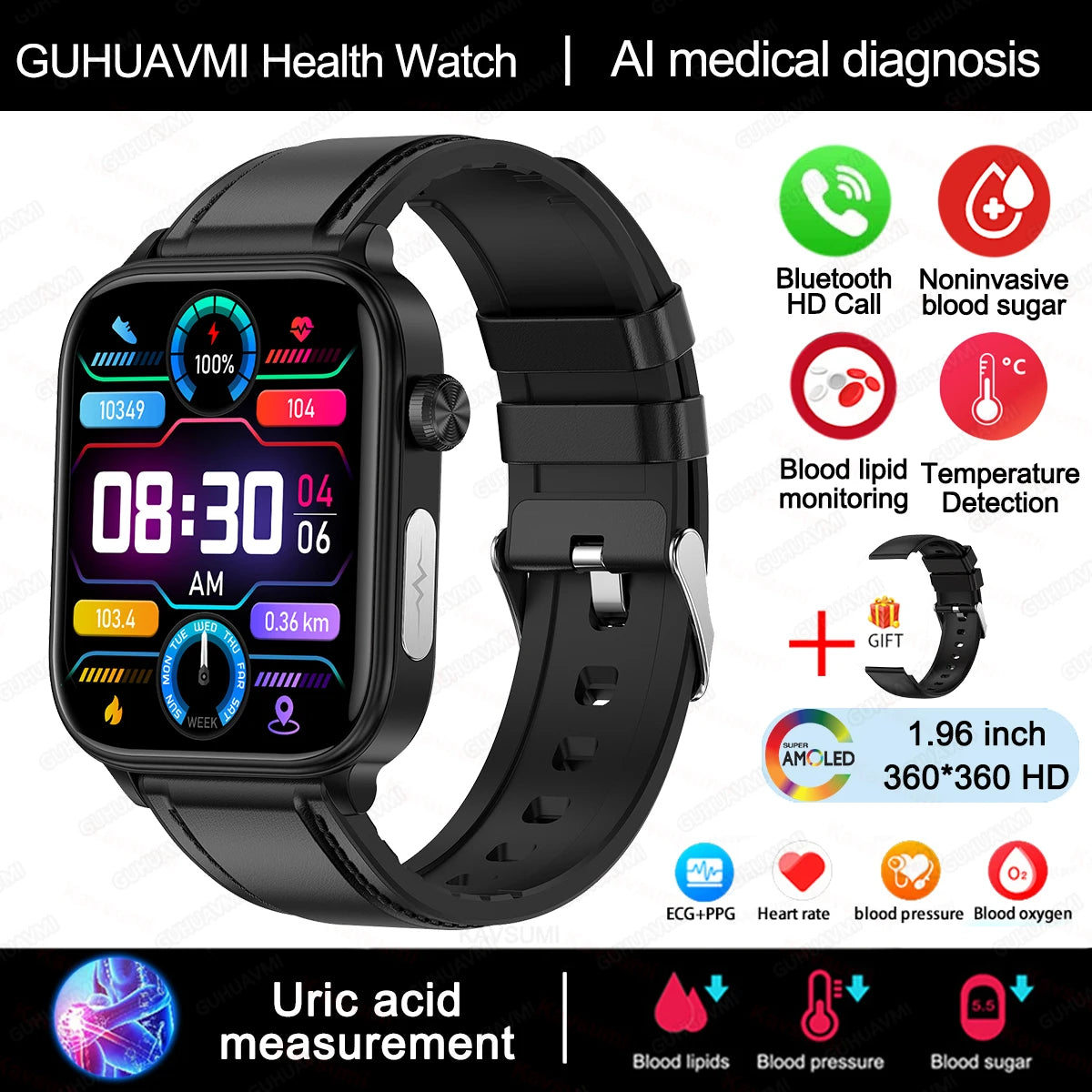 Novo 2025 ECG+PPG Relógio Inteligente de Grau Médico Feminino // Açúcar no Sangue // Lipídios no Sangue // Ácido Úrico // Rastreador de Saúde Menstrual // Smartwatches