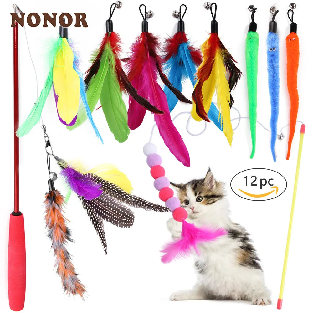 Conjunto de Brinquedos para Gatos NONOR // Varinha de Penas para Teaser // Brinquedos para Gatinhos em Formato de Mouse, Bolas, Vara, etc