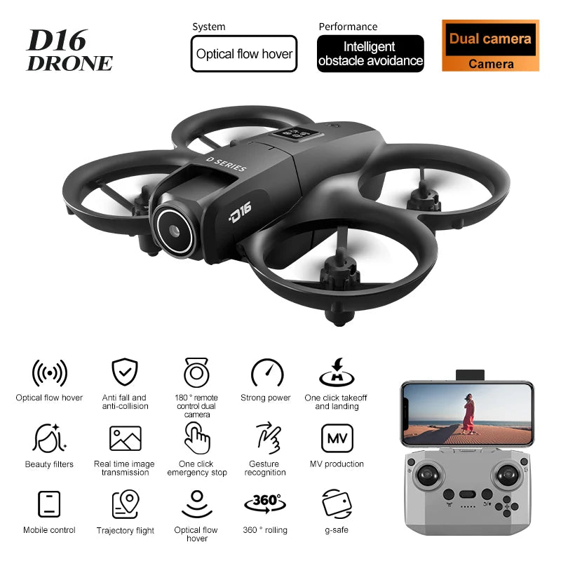 Mini Drone Xiaomi D16 c/ Câmera HD 8K Ajustável de 180° e WiFi c/ Fluxo de Luz // Drone de Bolso c/ Sensor p Evitar Obstáculos // Quadricóptero RC