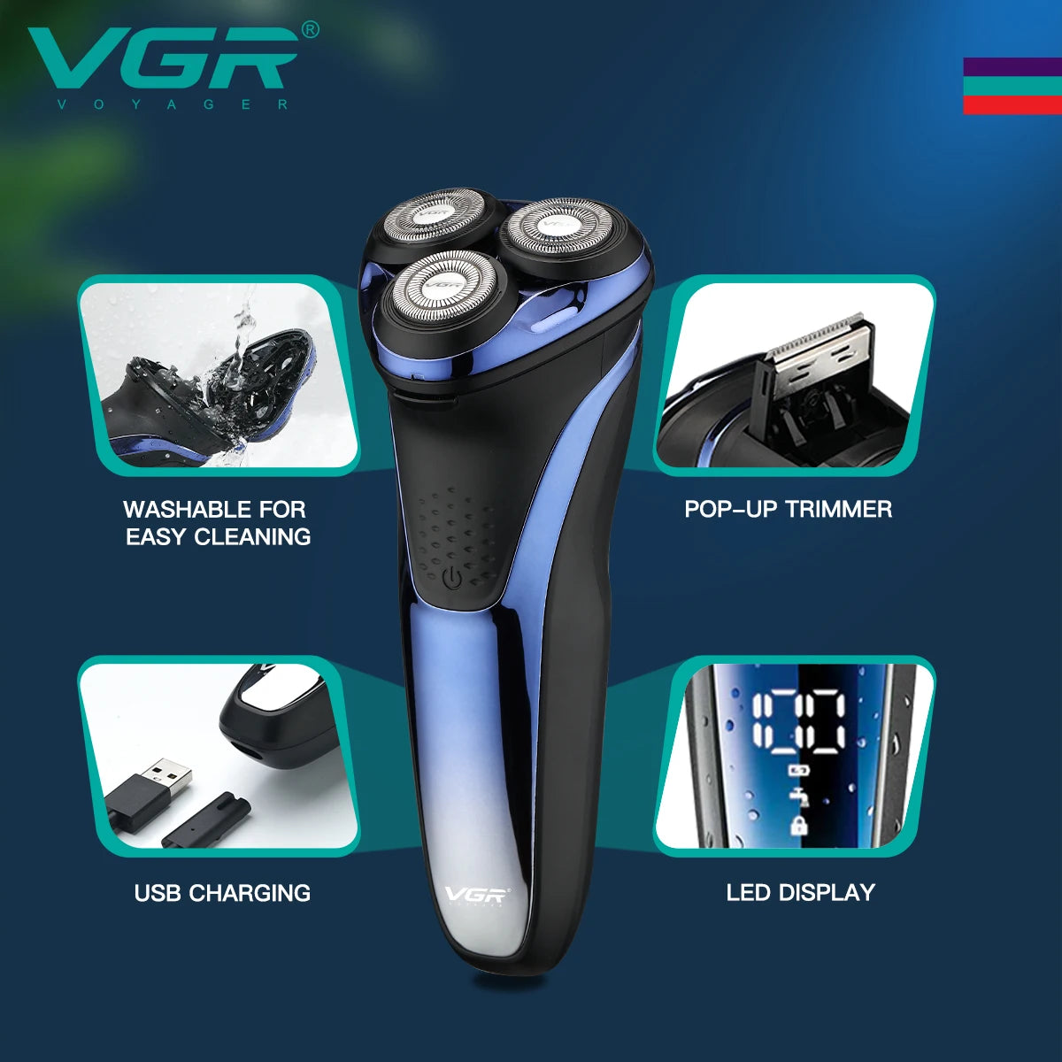 VGR Barbeador Elétrico Máquina de Barbear Profissional Flutuante Aparador de Barba IPX7 À Prova D 'Água Recarregável Barbeador para Homens V-306