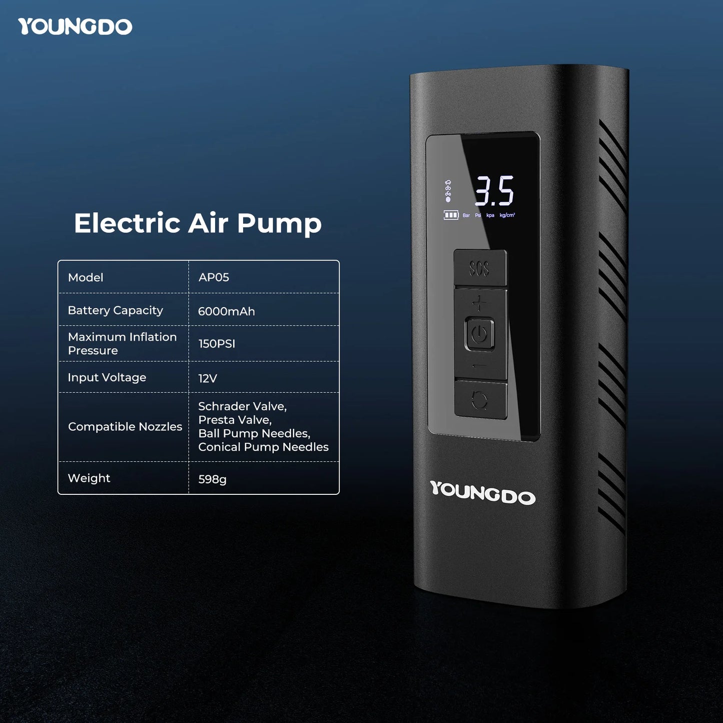 Compressor de Ar Portátil YOUNGDO p/ Carro // Inflador de Pneus, 150 PSI e 6000 mAh // Bomba Inflável Digital Inteligente p/ Carro, Bicicleta, Motos // Bombas de Ar