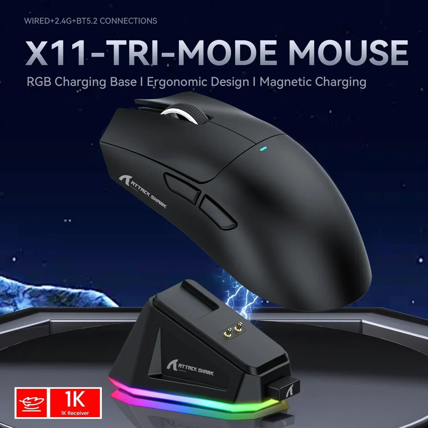 Mouse p/ jJogos Attack Shark X11 Tri Mode PAW3311 2.4G // Magnético / Recarregável / Ultraleve / Sem Fio // Para PC e Laptop