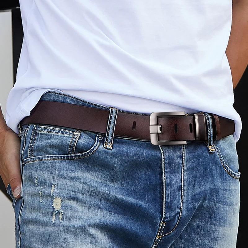 Cinto Masculino de Couro Legítimo Novo // Fivela de Liga de Metal // Marca de Luxo para Adultos // Casual