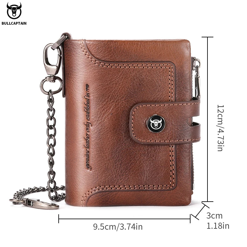 Carteira de Couro Genuíno Masculina BULLCAPTAIN Men's // Carteira Retrô de Pressão, Multifuncional, RFID, Antifurto // Zíper, Multicartão, Bolsa de Moedas