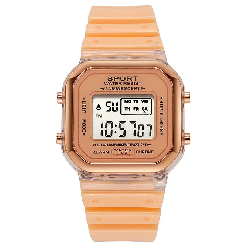 Relógio Eletrônico Transparente de Marca da Moda p/ Estudantes, Relógio de Pulso Feminino Esportivo Multicolorido com LED // À prova d'água // Lindo Presente