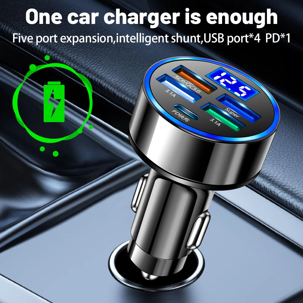 Carregador de Carro VUMPACH LED 250W 5 Portas de Carga Rápida PD QC3.0 USB C // Carregador de Telefone de Carro // Adaptador tipo C no Carro para Iphone / Samsung / Huawei / Xiaomi