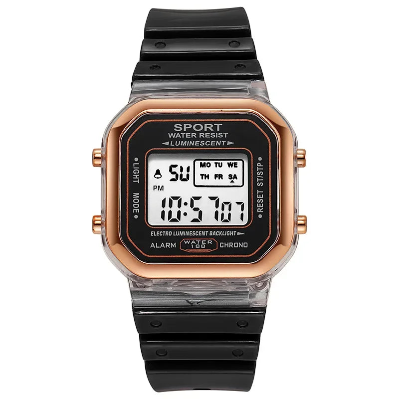 Relógio Eletrônico Transparente de Marca da Moda p/ Estudantes, Relógio de Pulso Feminino Esportivo Multicolorido com LED // À prova d'água // Lindo Presente