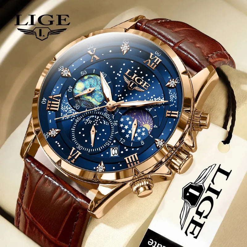 Relógio Casual LIGE Sport Watch Masculino // Luxo À Prova D 'Água // Data Luminosa / Cronógrafo // Relógio de Quartzo c/ Pulseira de Couro