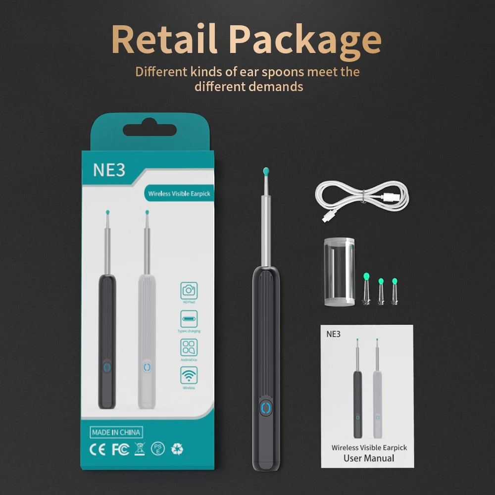 NE3 Limpador de Ouvido // Ferramenta de Remoção de Cera de Ouvido de Alta Precisão // Com Câmera // Luz LED // Otoscópio Sem Fio // Kit de Limpeza de Ouvido Inteligente // Melhor Presente
