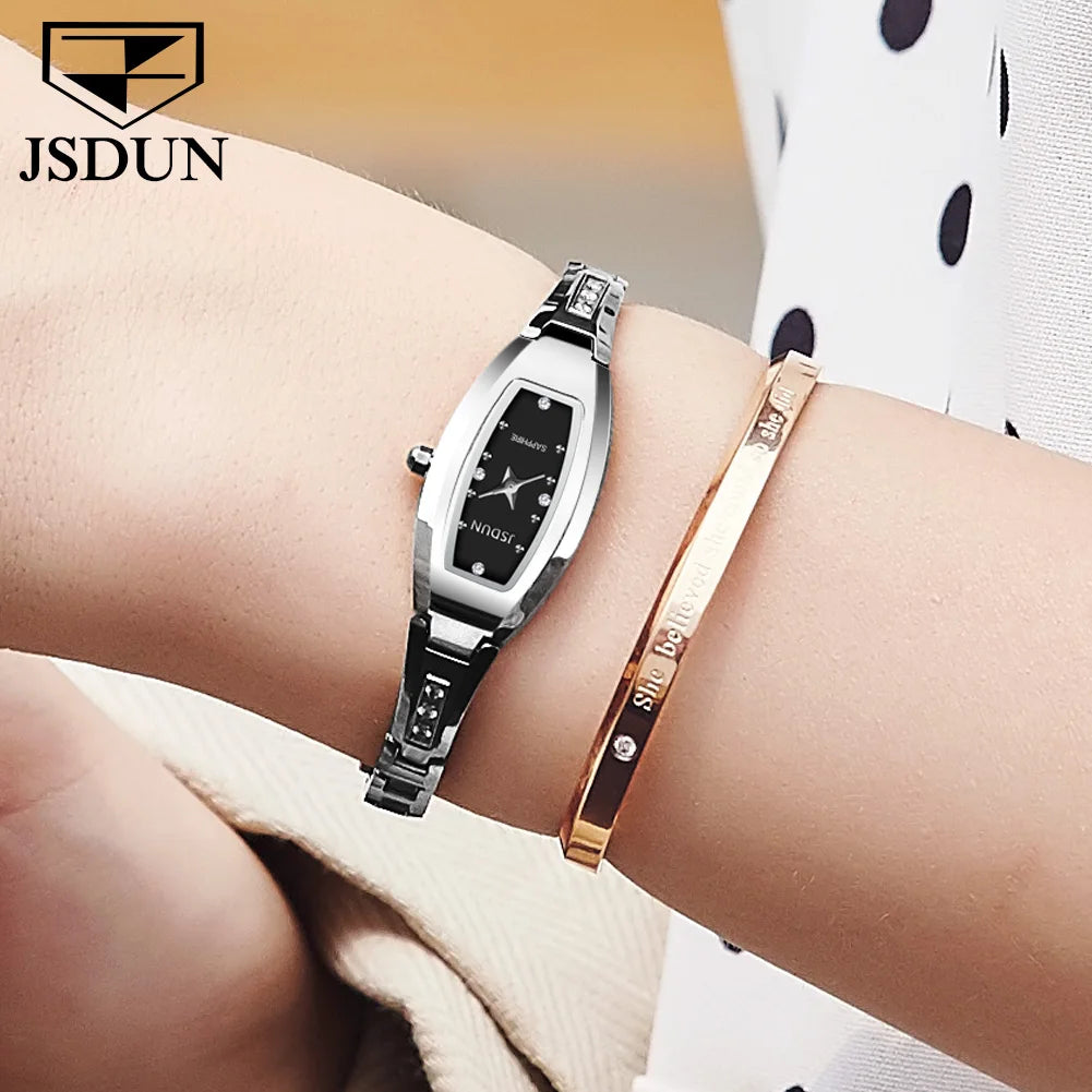 Relógios Femininos de Marca de Luxo JSDUN // Pulseira de Aço de Tungstênio // Relógio de Quartzo Original c/ Diamantes