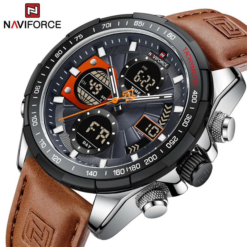 Relógios Esportivos Naviforce 2024 para Homens // Forte Luminoso c/ Duplo Display // Quartzo À Prova d'água // Relógio de Couro Genuíno