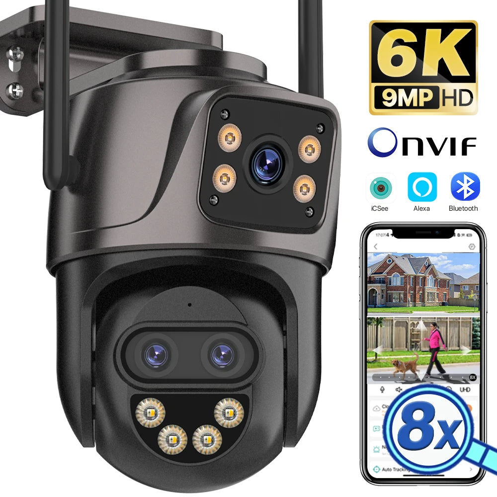 Câmera IP HD 6K 9MP Externa com Três Lentes // Câmera WiFi 4K 8MP Tela Dupla Segurança PTZ // Cam c/ Rastreamento Automático Vigilância iCSee