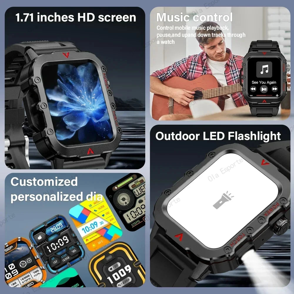 Novo Relógio Inteligente Militar Esportivo 2025 p/ Atividades ao ar livre // Unissex // Com Lanterna LED // Monitoramento de Saúde // 4,40cm, Bluetooth