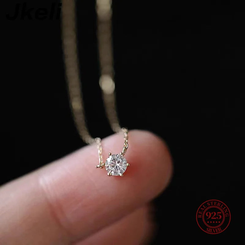 Colar Banhado a Ouro 18k Jkeli em Prata Esterlina 925 // Com Zircônia Brilhante e Corrente p/ Clavícula p/ Mulheres // Joias p/ Casamento