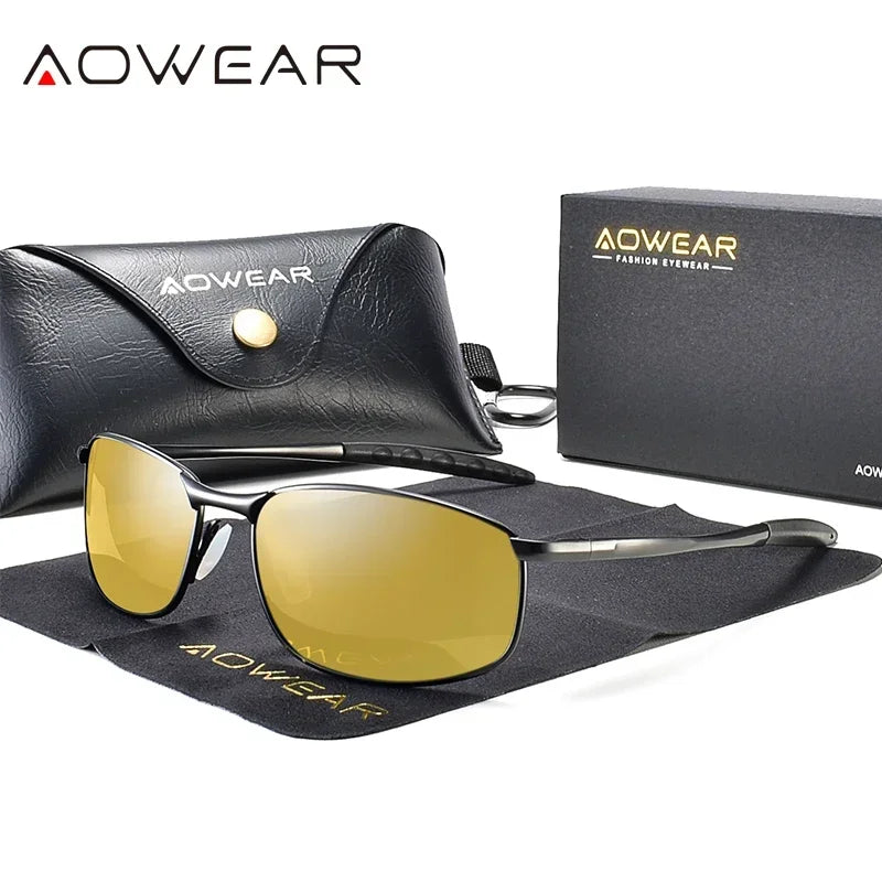 Óculos de Sol Espelhados Polarizados Retrô AOWEAR Unissex // Óculos de Sol Vintage c/ Proteção UV400 // Óculos de Direção Leves c/ Estojo
