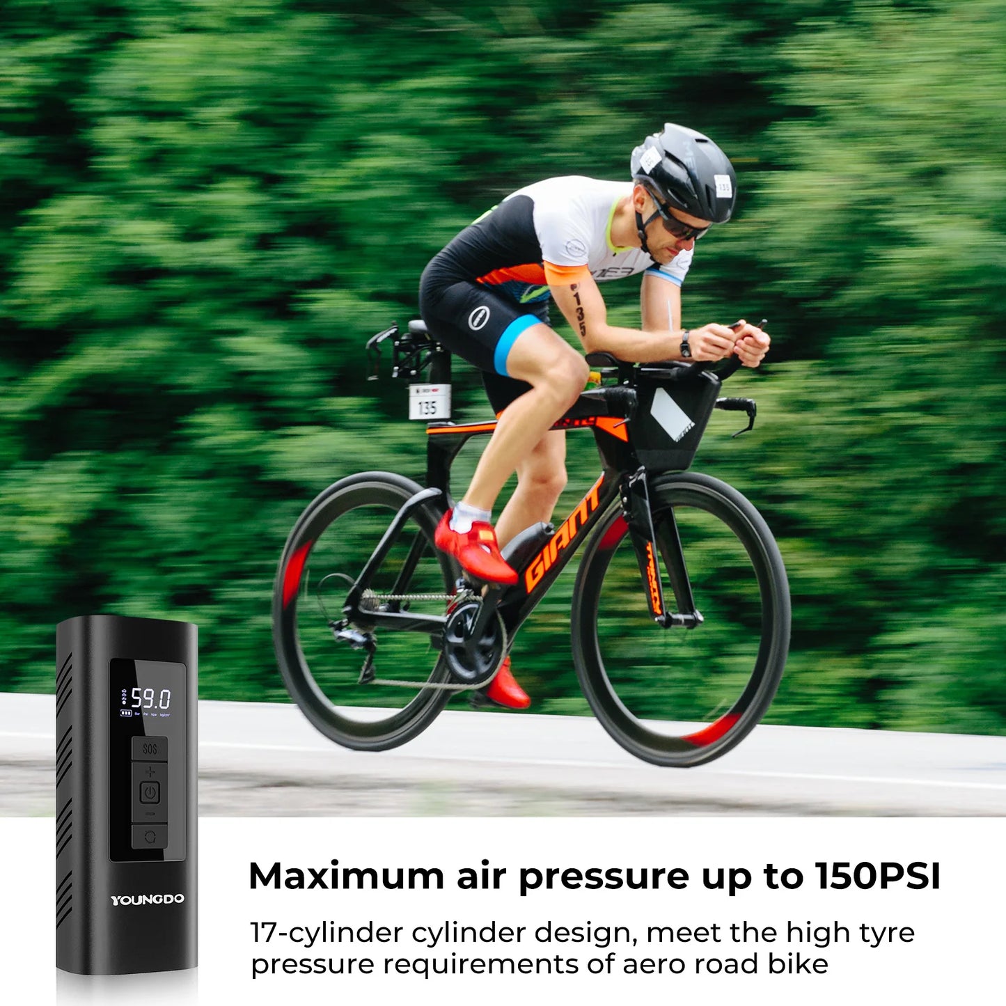 Compressor de Ar Portátil YOUNGDO p/ Carro // Inflador de Pneus, 150 PSI e 6000 mAh // Bomba Inflável Digital Inteligente p/ Carro, Bicicleta, Motos // Bombas de Ar