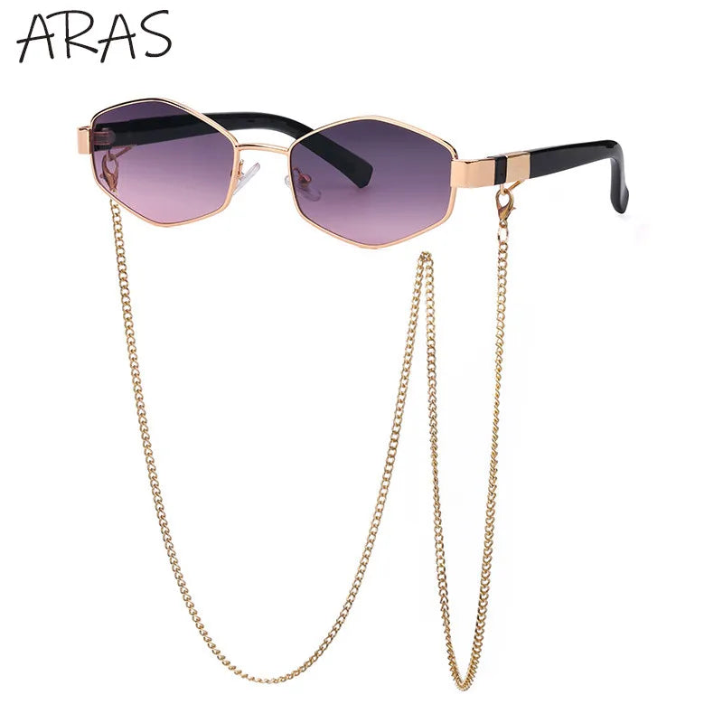 Óculos de Sol Femininos Hexagonais Retrô da Moda com Corrente // Armação Pequena // Designer de Marca 2025