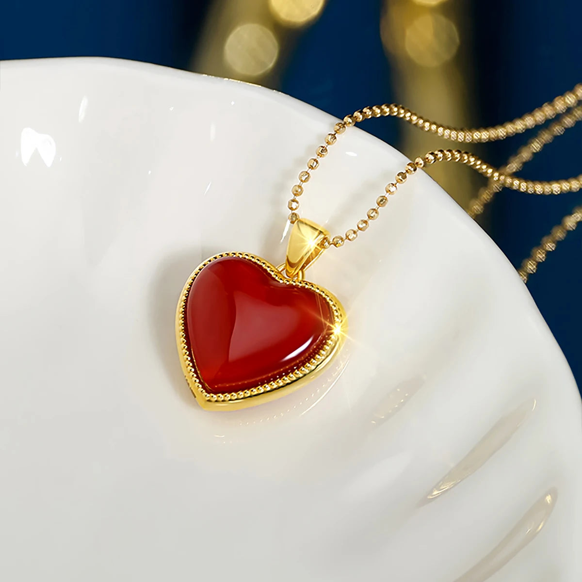 Colar c/ Pingente de Coração de Ágata Natural SZJINAO // 100% Ouro Real 18k au750 Puro Original // Jóias de Ouro com Certificado
