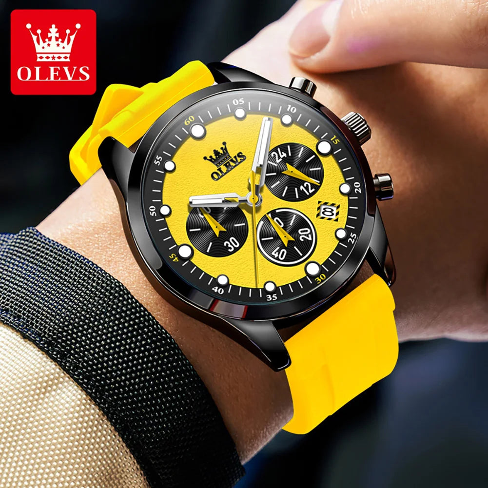 Relógios masculinos originais OLEVS, cronógrafo multifuncional, tendência da moda, pulseira de borracha amarela, luminoso, à prova d'água, relógio de quartzo masculino