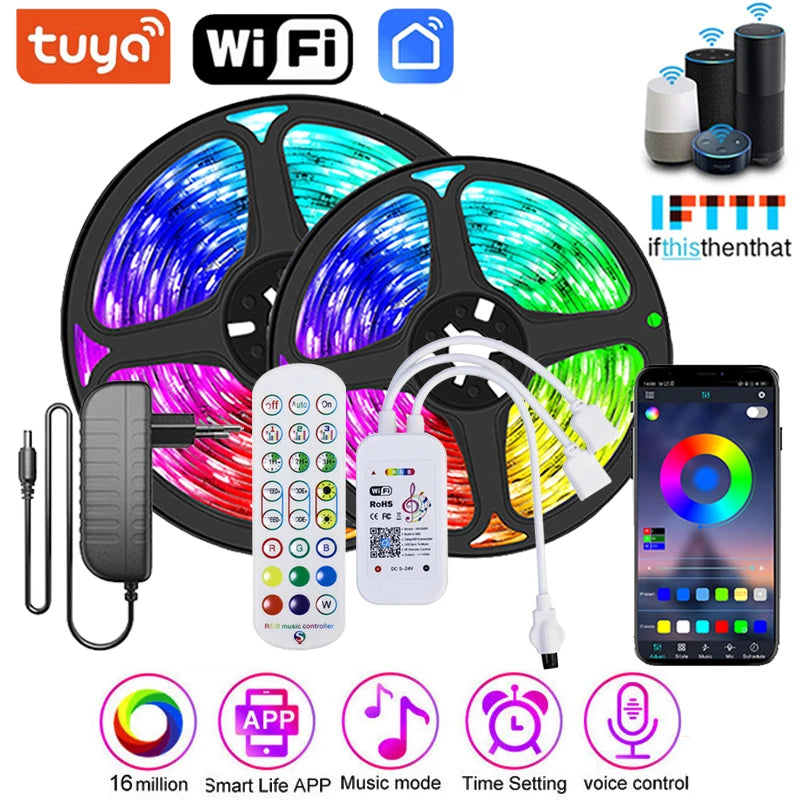 Fita LED RGB 5050 c/ Controle WiFi Inteligente // Fita LED RGB 220V p/ Decoração de Parede de Quarto