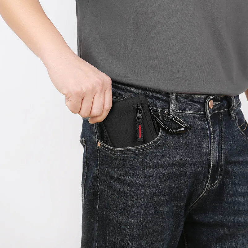 Carteira Masculina RFID Porta-Cartões // De Nylon // Fina com Zíper // Porta-Cartões // Bolsa Tática Masculina // Porta-Moedas c/ Mosquetão