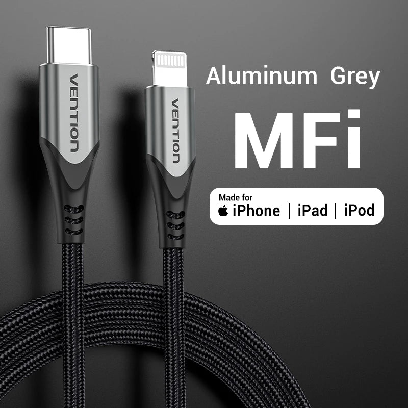 Cabo de Carregamento c/ Certificação Vention-MFi // Cabo PD USB C p/ Lightning p/ iPhone 14, 13, 12, 11 Pro Max, AirPods Pro, iPad XS, 30 W