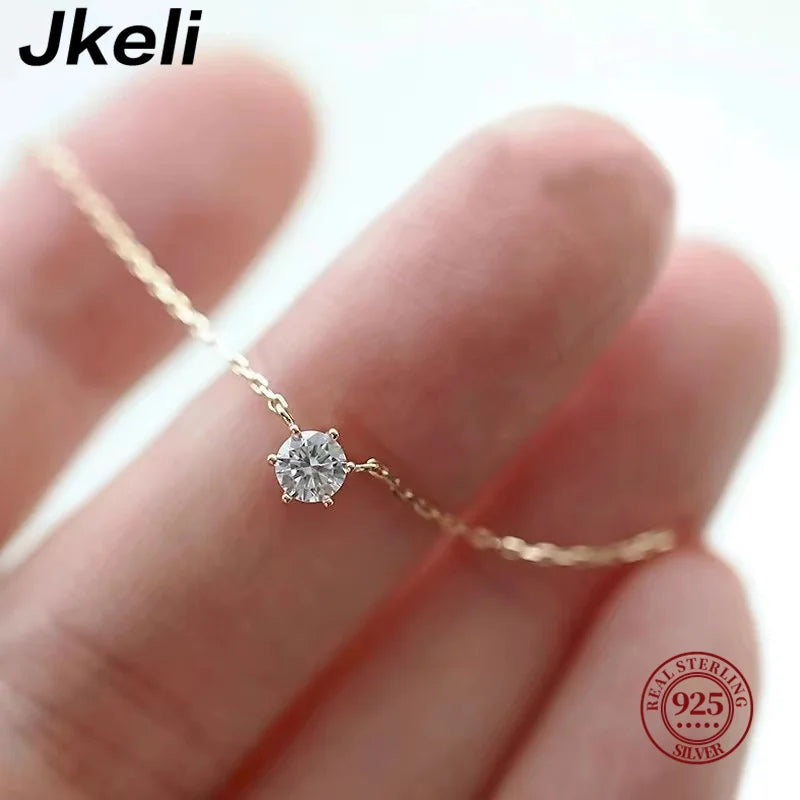 Colar Banhado a Ouro 18k Jkeli em Prata Esterlina 925 // Com Zircônia Brilhante e Corrente p/ Clavícula p/ Mulheres // Joias p/ Casamento