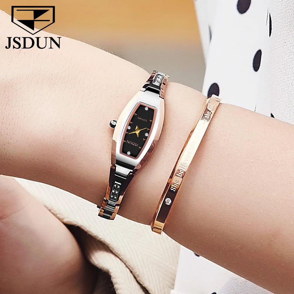 Relógios Femininos de Marca de Luxo JSDUN // Pulseira de Aço de Tungstênio // Relógio de Quartzo Original c/ Diamantes