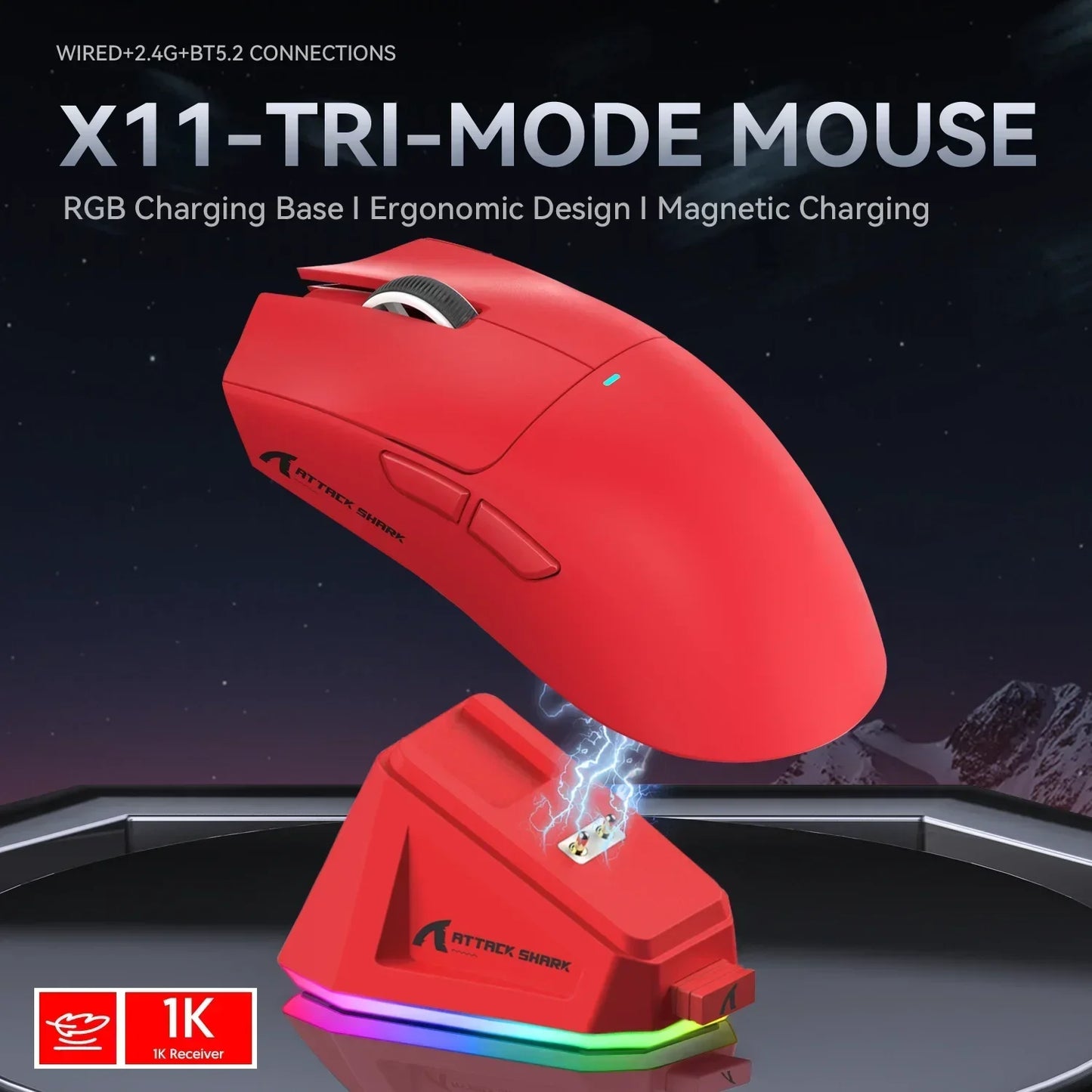 Mouse p/ jJogos Attack Shark X11 Tri Mode PAW3311 2.4G // Magnético / Recarregável / Ultraleve / Sem Fio // Para PC e Laptop