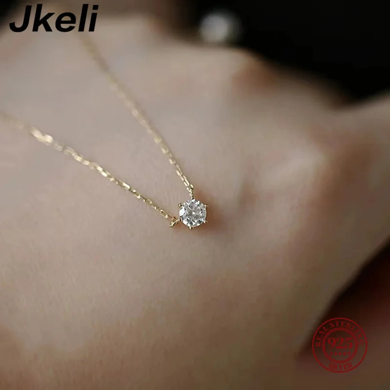 Colar Banhado a Ouro 18k Jkeli em Prata Esterlina 925 // Com Zircônia Brilhante e Corrente p/ Clavícula p/ Mulheres // Joias p/ Casamento