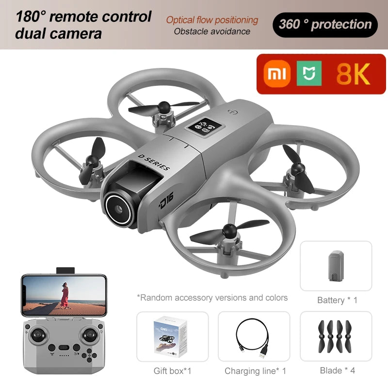 Mini Drone Xiaomi D16 c/ Câmera HD 8K Ajustável de 180° e WiFi c/ Fluxo de Luz // Drone de Bolso c/ Sensor p Evitar Obstáculos // Quadricóptero RC