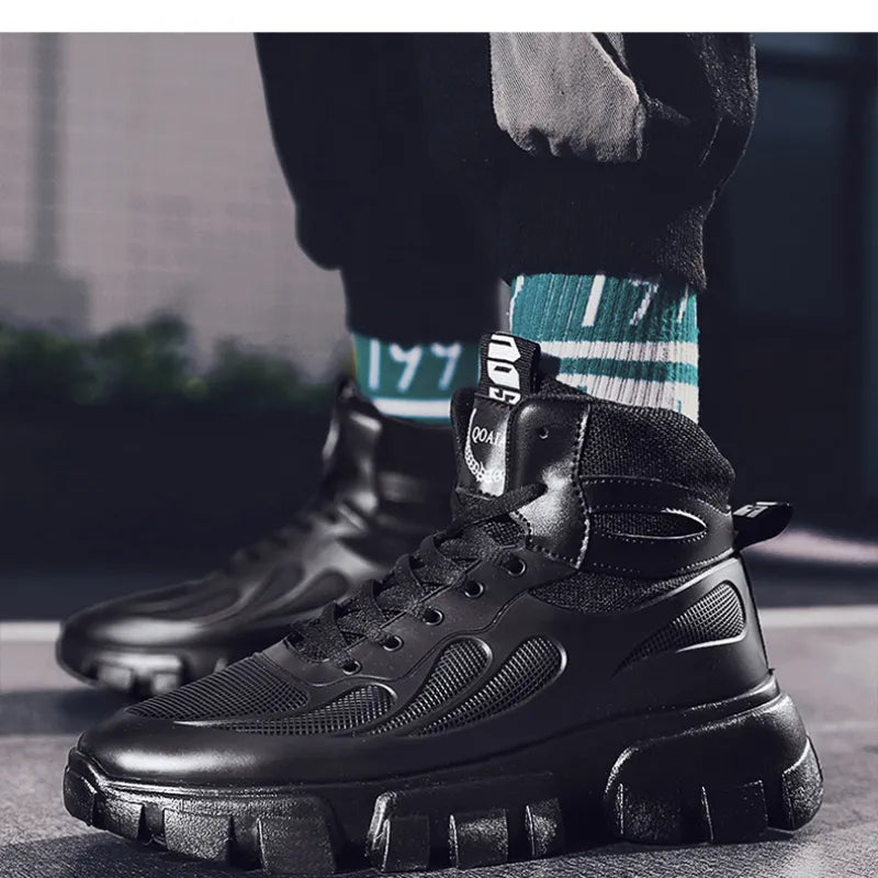 Botas de Couro Preto de Plataforma CHAXIAOA // Esportes ao ar livre // Aumentado / Antiderrapantes // Novos Sapatos de Forma Redonda Alta para Esportes Radicais