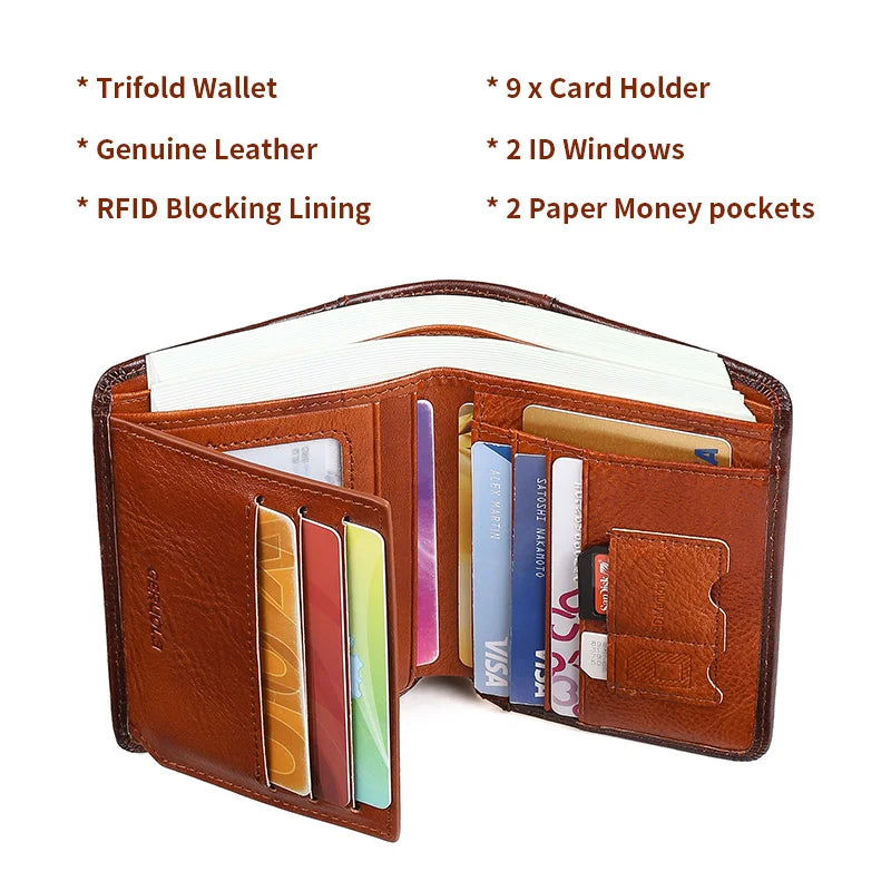 Carteira GERUOLA Slim RFID Blindada em Couro Genuíno para Homens // Porta-Identidade e Cartão de Crédito // Multifuncional // Varias Cores c/ Enfeites