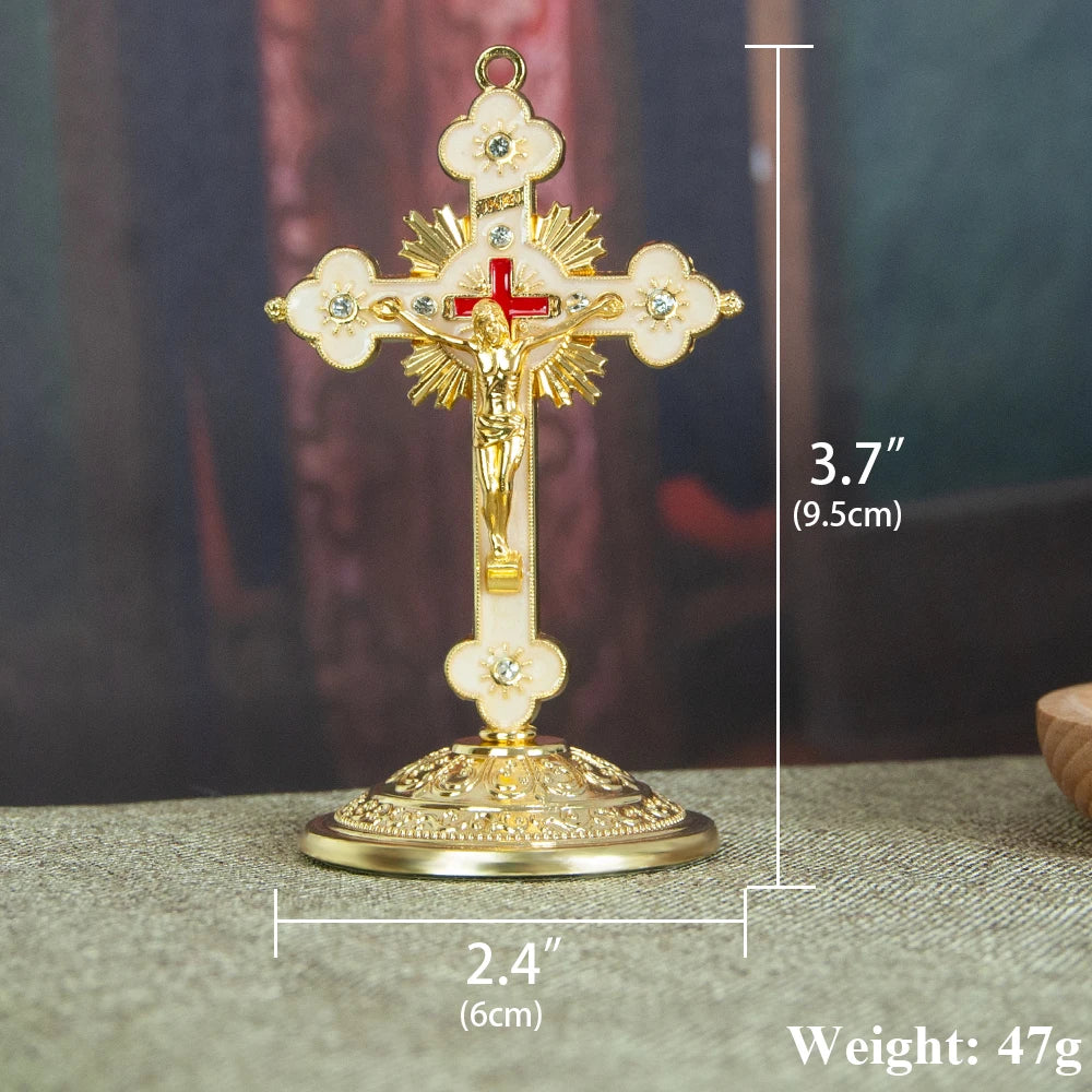 Cruz Banhada a Ouro de Liga de Zinco // Decoração Cristã // Cruz da Igreja Católica c/ Suporte