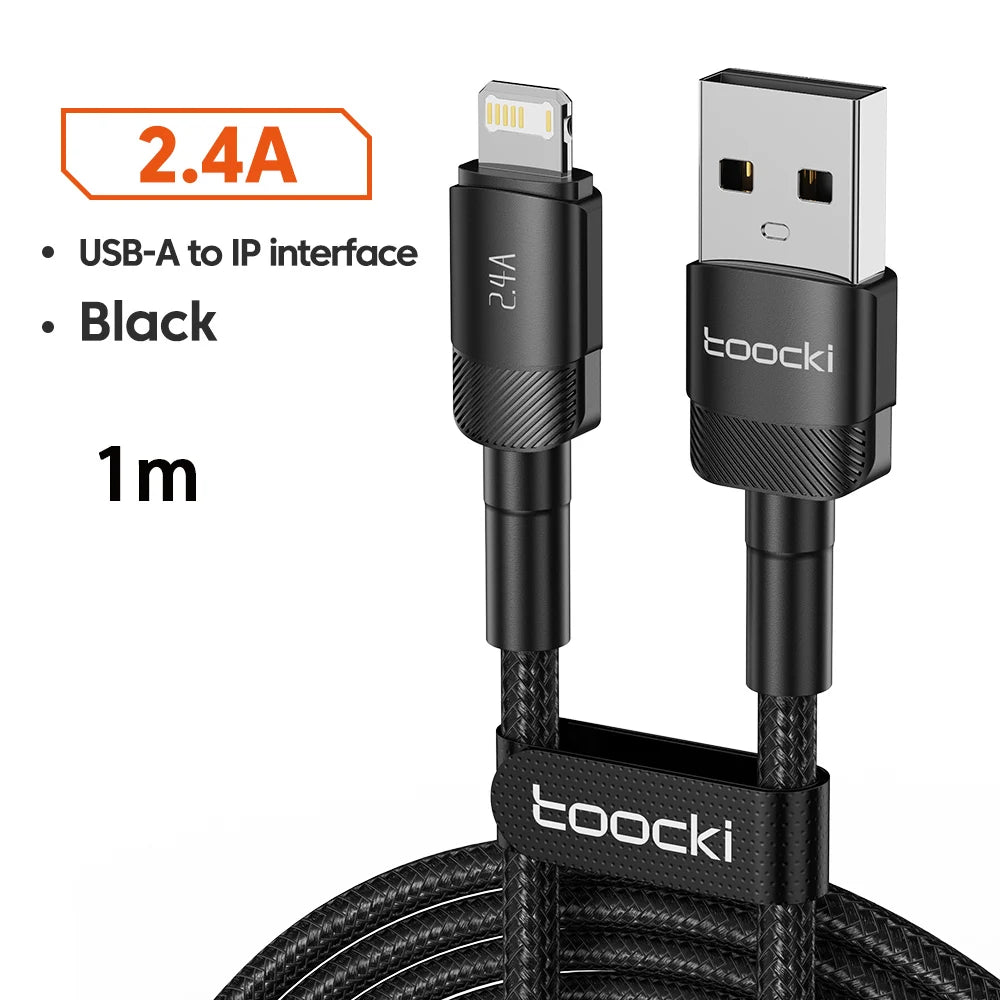 Cabo USB Toocki p/ iPhone 14 13 12 Pro Max X XS XR 8 7 Plus iPad // Carregador de Carregamento Rápido // Cabo iP de alumínio para iPhone // Cabo de dados