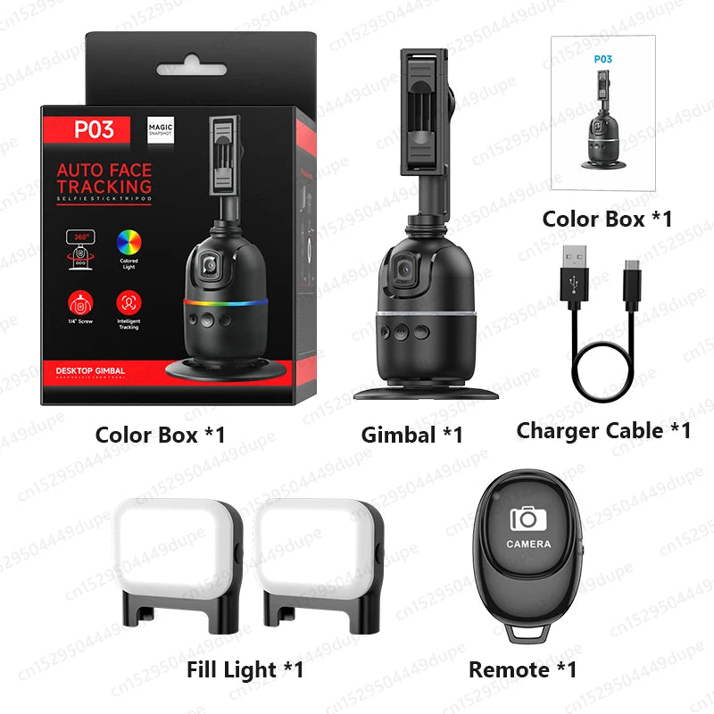 Tripé de Rastreamento Inteligente p/ Câmera de Smartphone // Luz Colorida // Rotação de 360 Graus // Follow Focus // Gimbal p/ Fotografia ao Vivo no TikTok