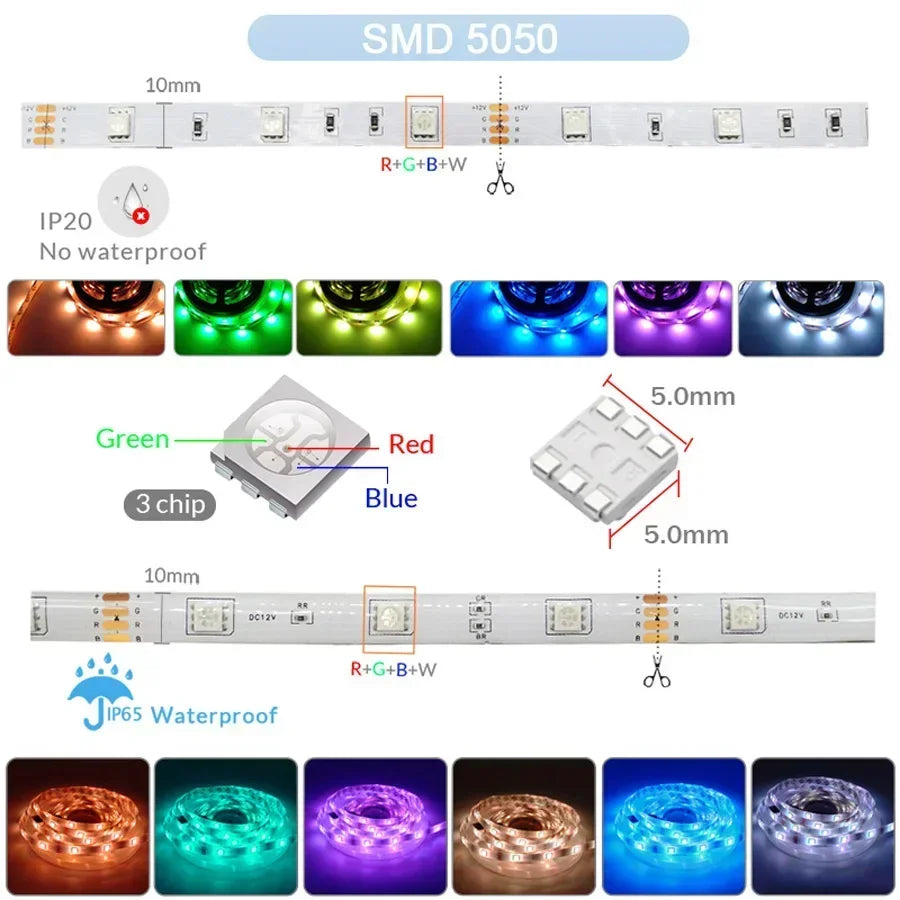 Fitas de LED RGB 12V, Fitas Adesivas p/ Áreas Internas // 5050, 5M, 10M, 15M // 30/60 LEDs por Metro // Cordão de Gelo, Decoração de Ambiente