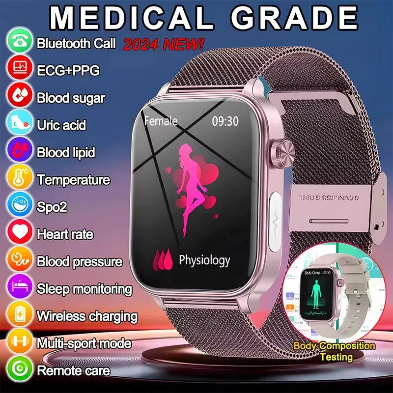 Novo 2025 ECG+PPG Relógio Inteligente de Grau Médico Feminino // Açúcar no Sangue // Lipídios no Sangue // Ácido Úrico // Rastreador de Saúde Menstrual // Smartwatches