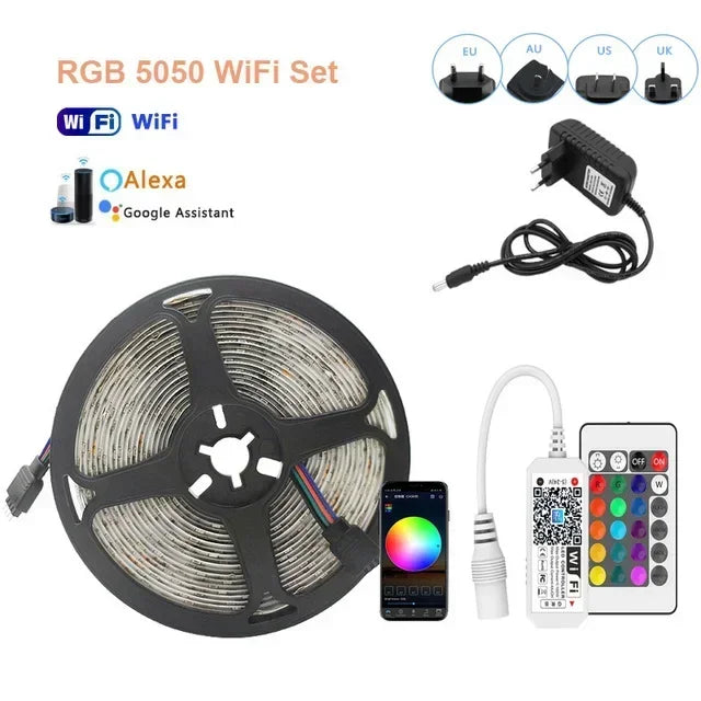 Fitas de LED RGB 12V, Fitas Adesivas p/ Áreas Internas // 5050, 5M, 10M, 15M // 30/60 LEDs por Metro // Cordão de Gelo, Decoração de Ambiente