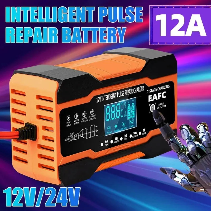 Carregador de Bateria de Carro 12V 12A // Carregamento de 7 Estágios // Reparo de Pulso para Baterias de Carro // Para AGM GEL // Chumbo-ácido úmido // Display LCD