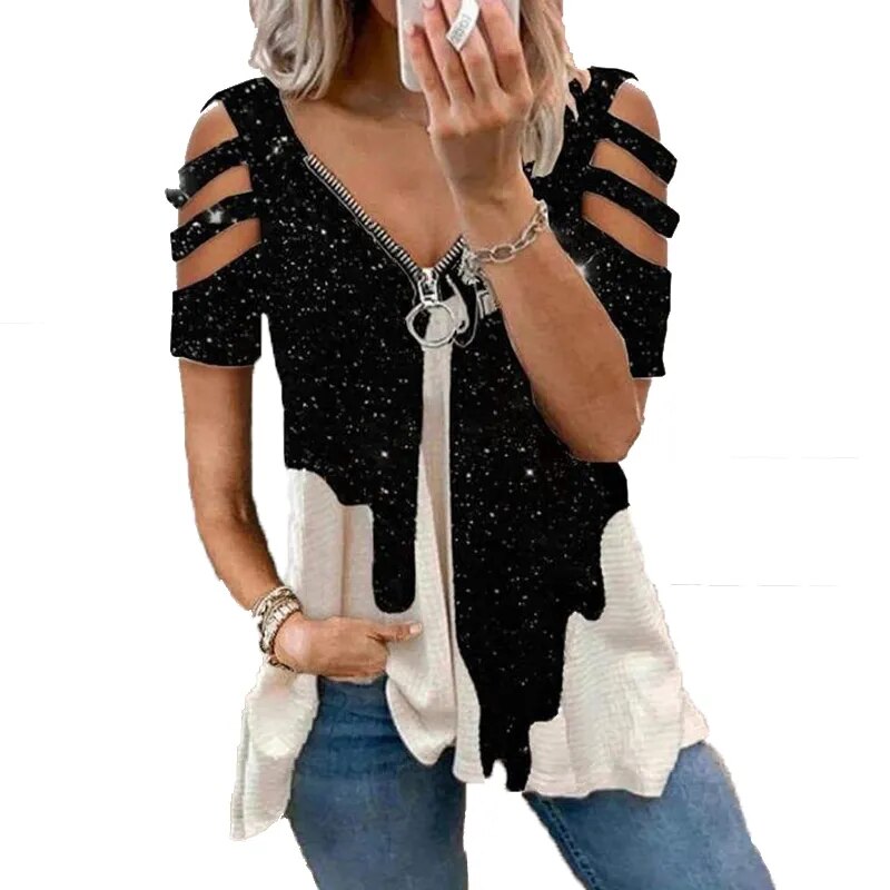 Camiseta Elegante c/ Impressão Floral, Zíper e com Decote em V // Verão Feminino Oversized 2023 // Roupas Femininas Casuais Sexy Slimtop // Feminino Plus Size (TAM Gde)