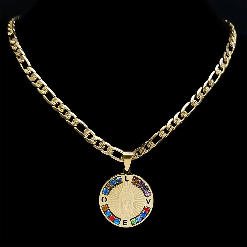 Colar de Cristal JYTF Colorido Amor e Proteção da Mãe Virgem Maria // Mulheres / Homens // Aço Inoxidável / Cor Dourada // Nossa Senhora de Guadalupe // Colares Jóias N8389S05