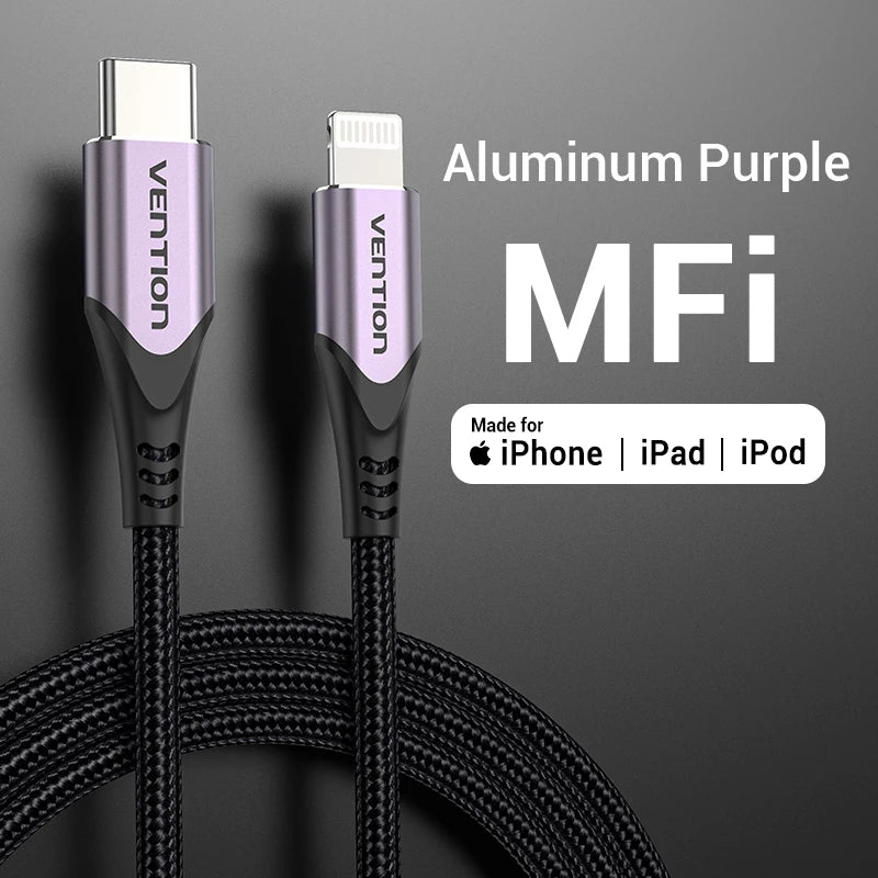 Cabo de Carregamento c/ Certificação Vention-MFi // Cabo PD USB C p/ Lightning p/ iPhone 14, 13, 12, 11 Pro Max, AirPods Pro, iPad XS, 30 W