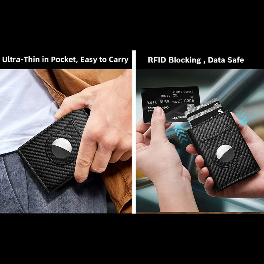 Carteira Masculina de Couro c/ Clipe Magnético p Cartão // De Fibra de Carbono e RFID // Com Zíper // Carteira Pop-Up Inteligente AirTag