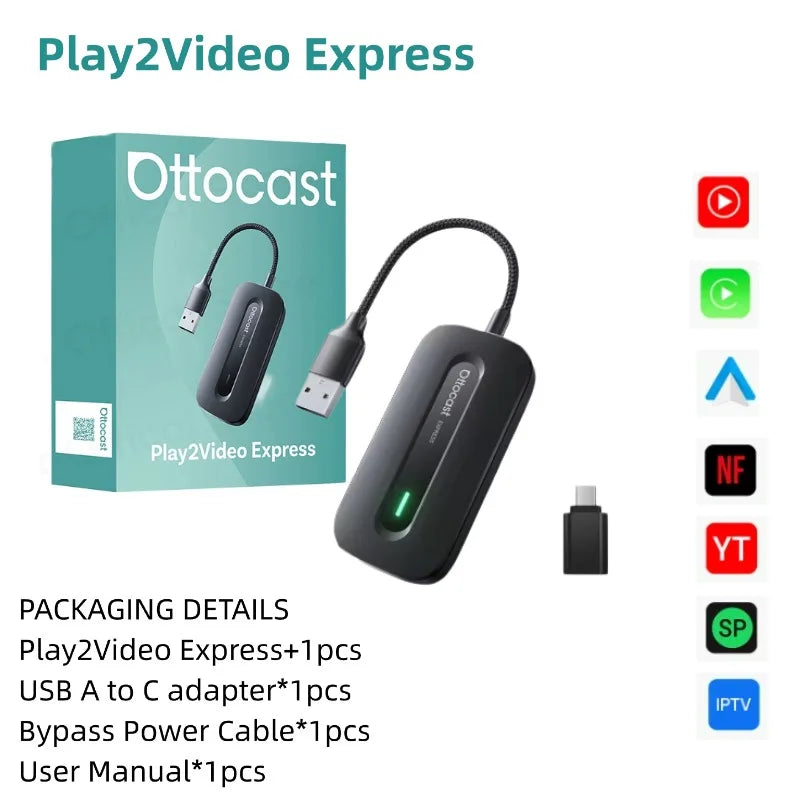 Adaptador OTTOCAST Play2Video Express Wireless // CarPlay Android Auto para Youtube, Netflix p/ Volvo Chevrolet VW CarAccessory