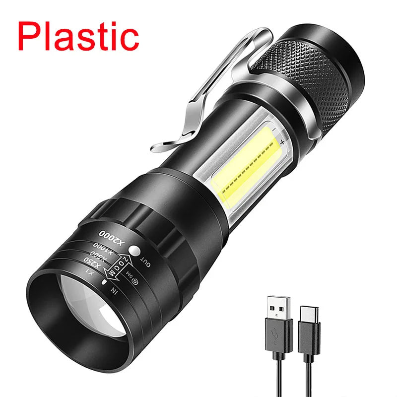 Lanterna T6 COB Light Lanterna LED // Portátil Recarregável // Bateria Embutida // Zoom Flash Light 3 Modos //Tocha de Emergência // À Prova d'água