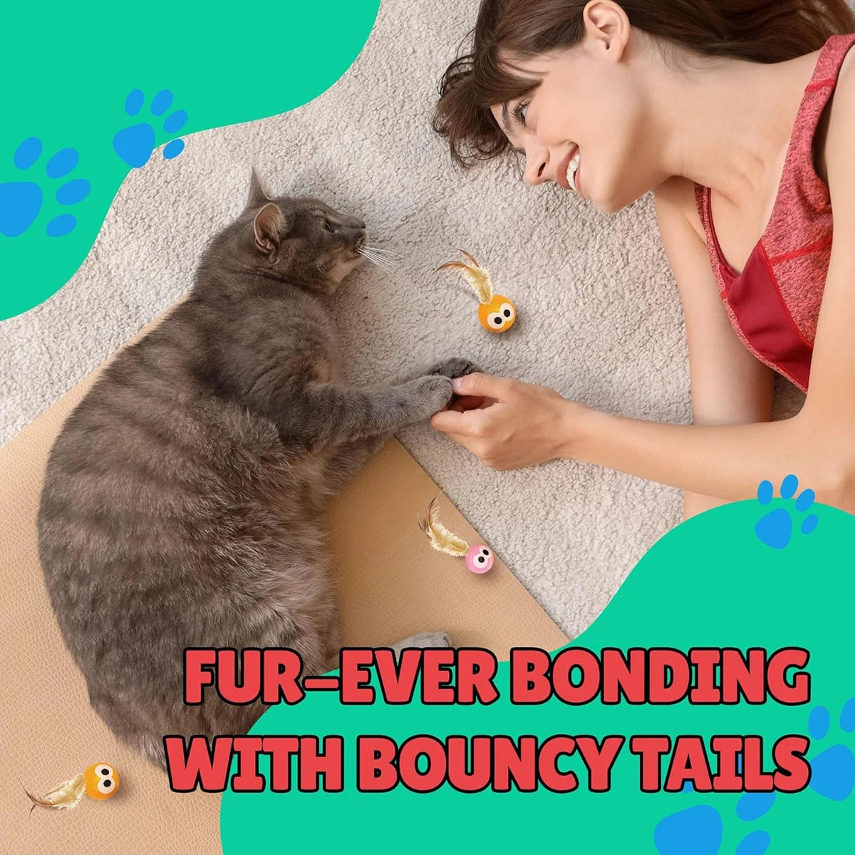 Pacote c/ 5 Bolas de Brinquedo p/ Gatos com Caudas de Penas // Estimula a Brincadeira Instintiva // Aumenta o Vínculo Entre o Animal de Estimação e o Dono